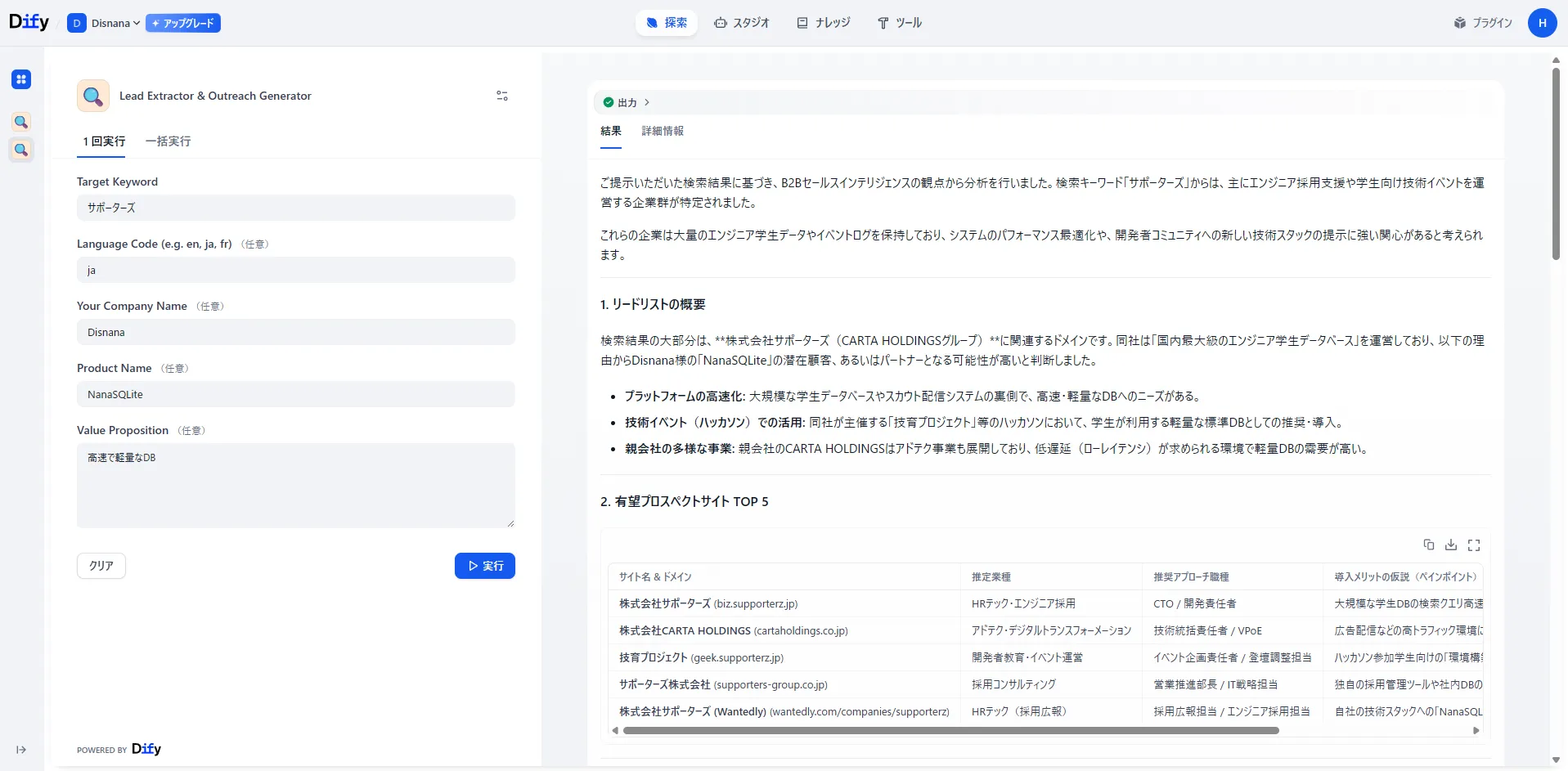 Difyワークフローの実行結果1